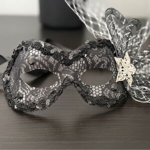 Black Lace Venetian Masquerade Mask with Veil Accent